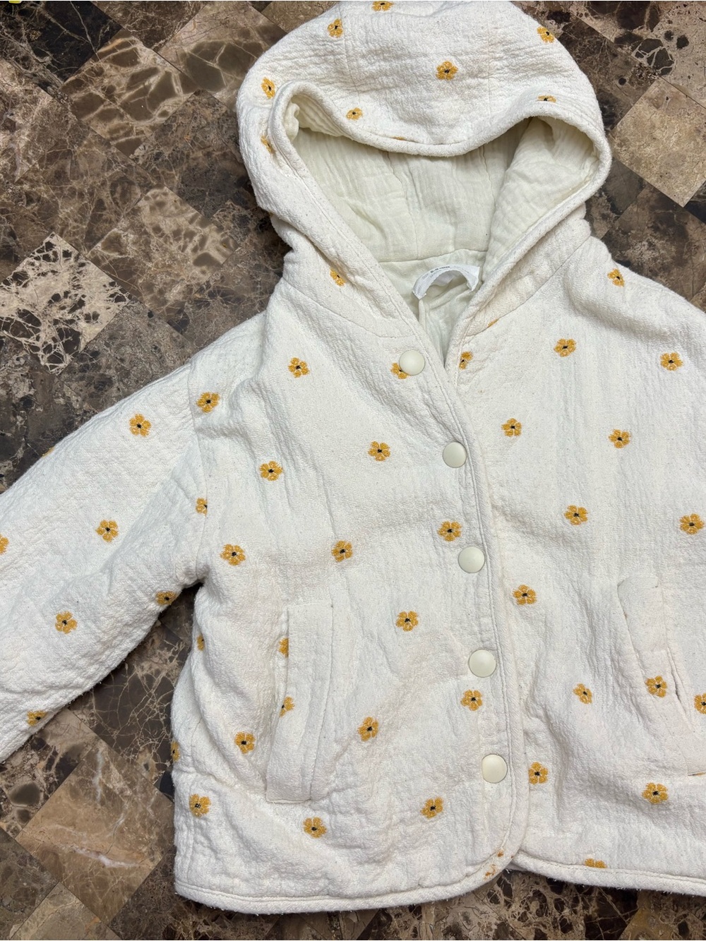 Zara Cream Hooded Puffer Jacket with Yellow Flower Print 4-5 years